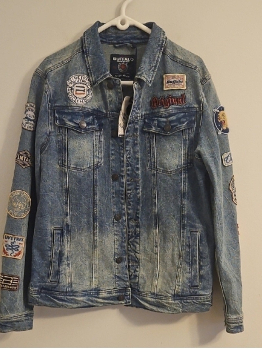Buffalo David Bitton Distressed Blue Denim Jacket with Patch Accents